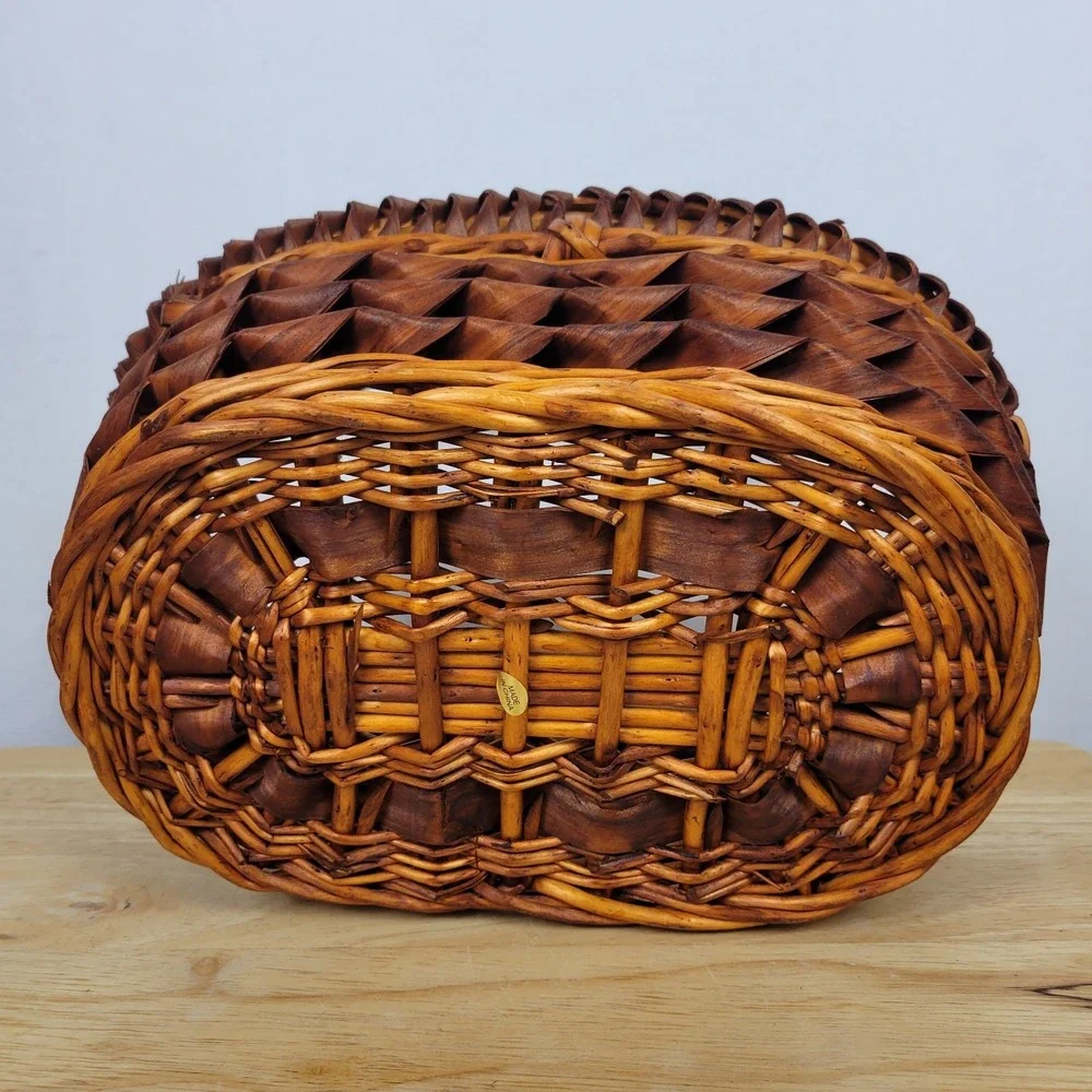 Vintage Woven Curl Splint Basket Wood Ribbon Gathering Farmhouse Oval 12x8.5x5